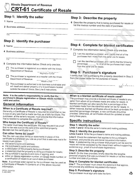 Form Crt-61 - Certificate Of Resale - Illinois printable pdf download