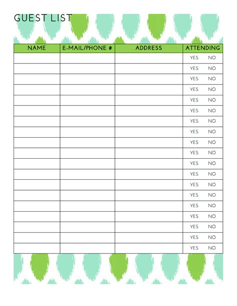 Free Party Guest List Printable | Guest list template, Guest list ...