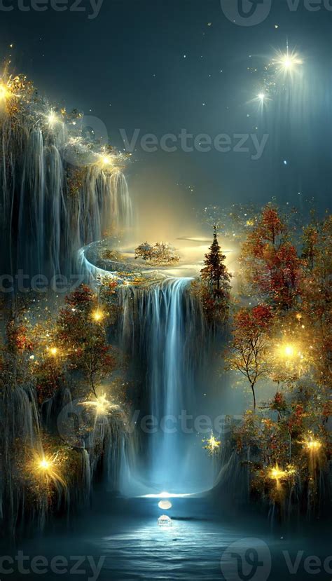 waterfall in the middle of a forest at night. generative ai. 22913571 ...