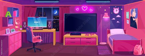 Teen girl gamer room interior design in pink. Console with a big screen ...