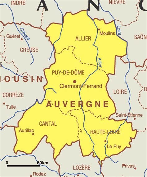 Auvergne Régional Carte de la Ville | Carte Régional de la Ville Françaises