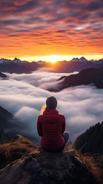 Premium AI Image | a woman on top of a mountain peak with view of ...