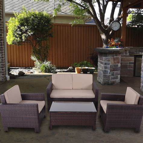 Patiobox 4PCS Outdoor Patio Brown Rattan Wicker Furniture Set Beige ...