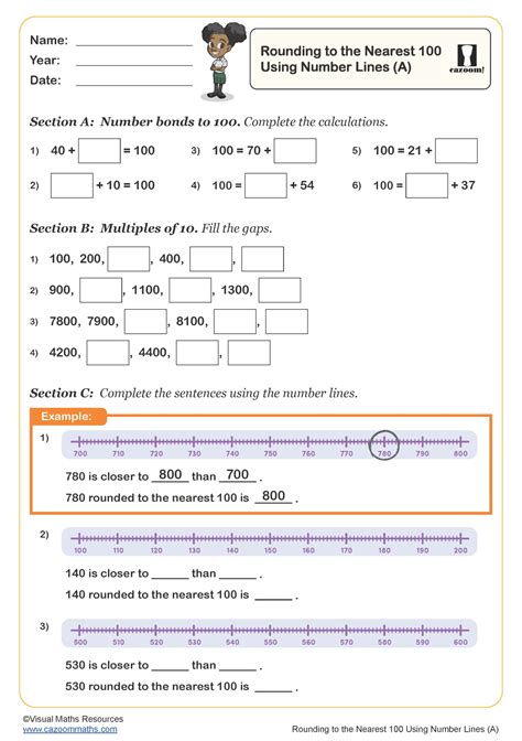 Rounding Numbers to the Nearest 100 Using Number Lines (A) Worksheet ...