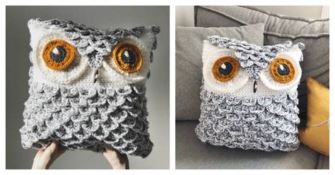 two pictures of an owl pillow made out of crocheted yarn, one with ...