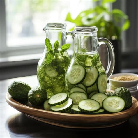 Premium AI Image | Refreshing cucumber drinks in glass pitchers for a ...