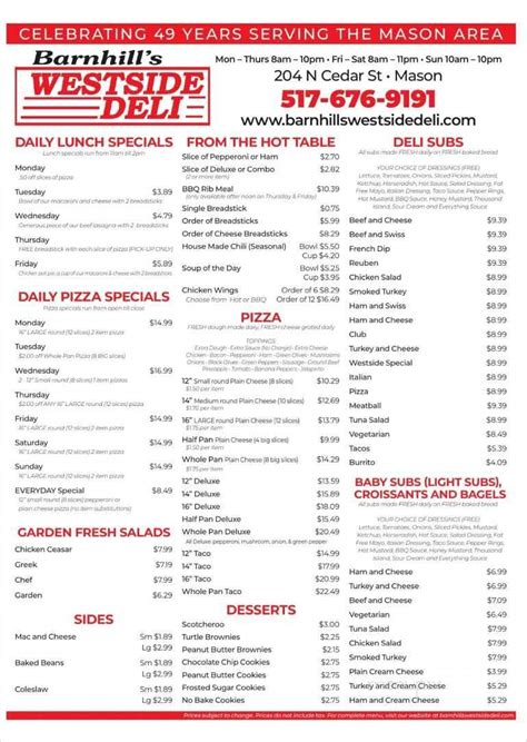 Menu of Westside Deli in Mason, MI 48854