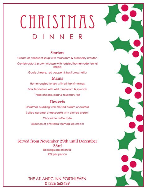 Christmas Party Menu and New Year’s Eve Dinner 2015 | The Atlantic Inn