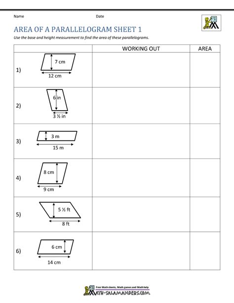 Area of Parallelogram Worksheet