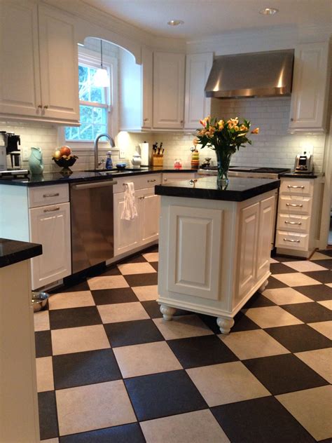 Black and white kitchen Milky Way granite Checker board floor gray and ...