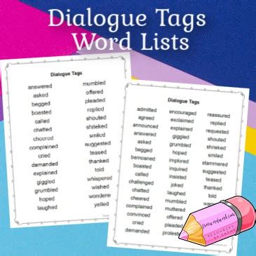 Dialogue Tags Lists - Free Word Work