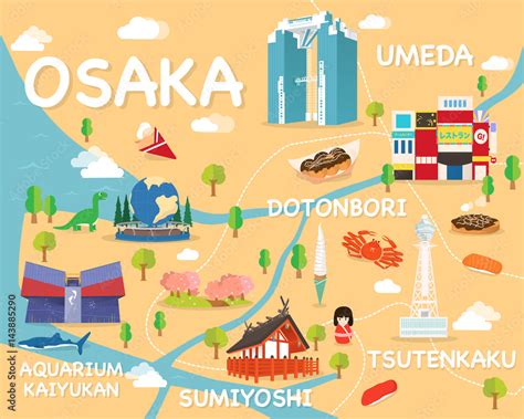 Map Of Osaka Attractions Vector And Illustration. Stock Vector | Adobe ...