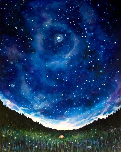 a painting of the night sky with stars and grass in front of it, as ...