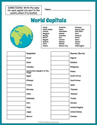 Capitals Worksheet 4th Grade