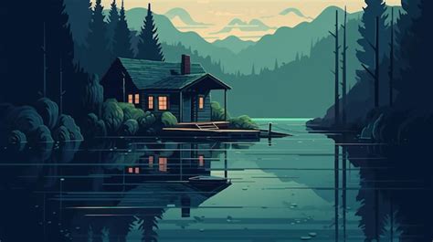 Premium AI Image | A painting of a cabin by the lake.