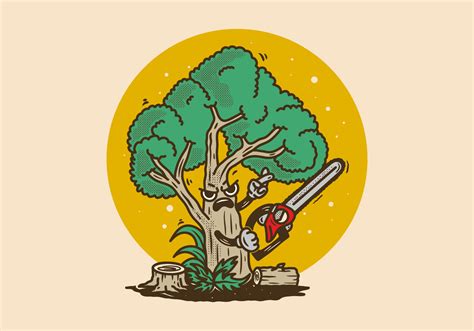 Mascot character design of a big tree holding chainsaw 23037755 Vector ...