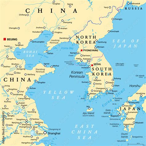 Korean Peninsula region, political map. Peninsular region Korea in East ...