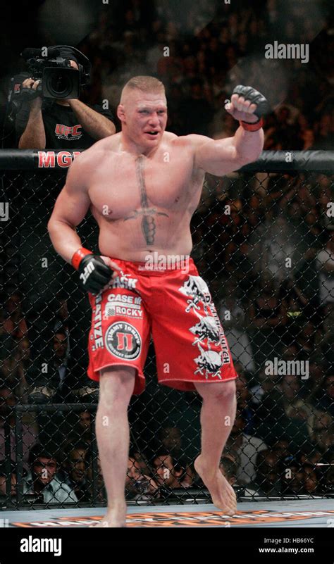 UFC fighter Brock Lesnar during his fight with Shane Carwin at UFC 116 ...