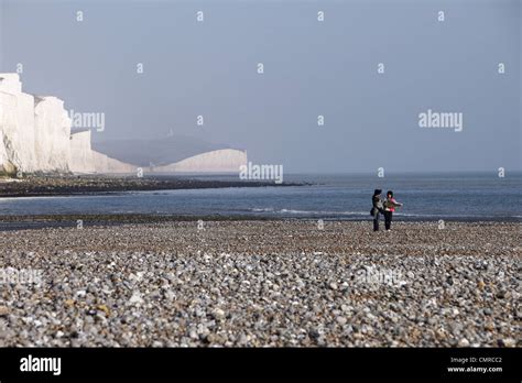 View of The Seven Sisters chalk cliffs from Seaford Head Nature Reserve ...