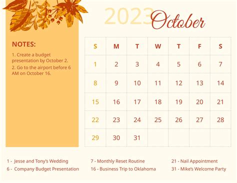 Pretty October 2023 Calendar in Illustrator, EPS, JPG, Excel, Word, SVG ...