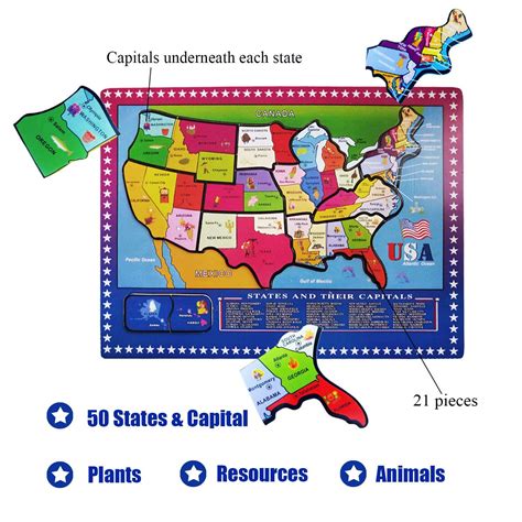 Wondertoys 46 Pieces Wooden USA Map Puzzle for Kids US Map Puzzle ...