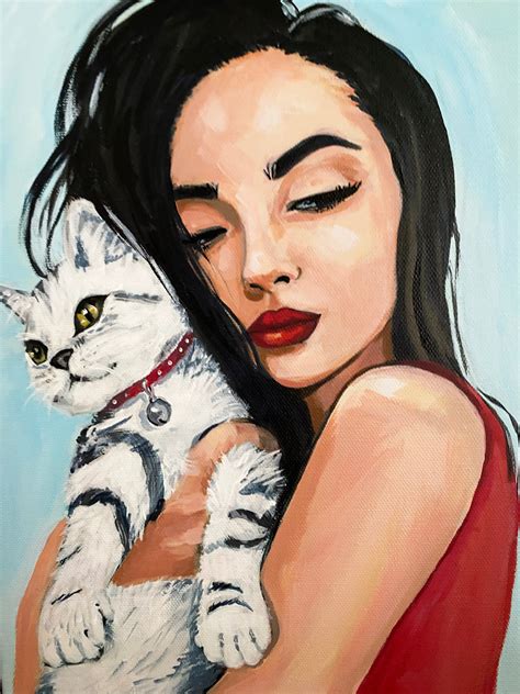 Woman and cat original portrait painting. Acrylic on canvas. | Etsy