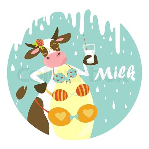 Funny cow with glass of milk | Stock vector | Colourbox