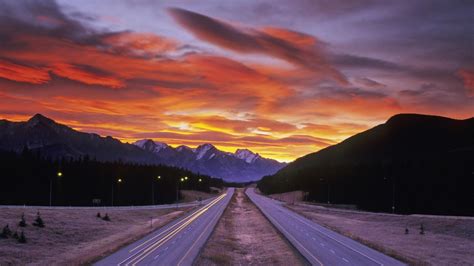 highway to the mountains at sunset HD desktop wallpaper : Widescreen ...