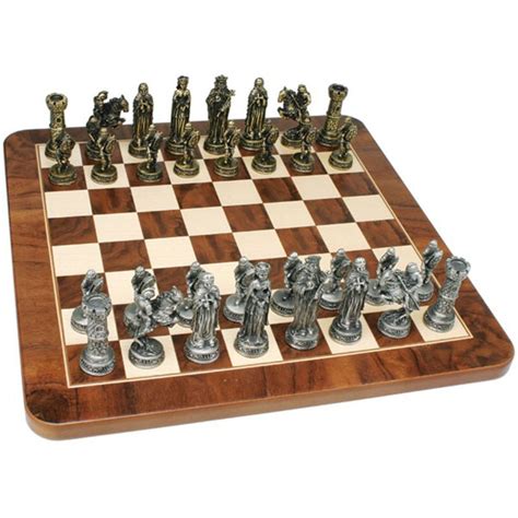 Medieval Chess Set – Pewter Pieces & Walnut Root Board 17 in. – Wood ...