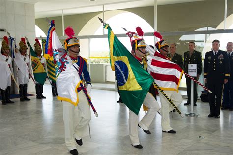 Brazilian soldiers wear traditional uniforms during a ceremony to honor ...