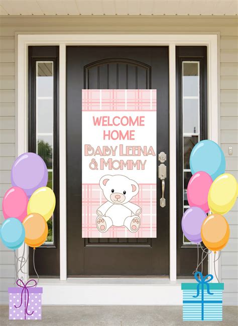 Welcome Home Baby Door Banner, Personalized Baby Bear Girl Party Banner ...