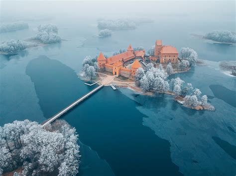 Brown concrete castle, aerial view, castle, Lithuania, island HD ...