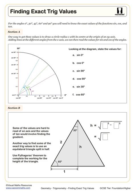 Finding Exact Trig Values Worksheet | Printable Maths Worksheets