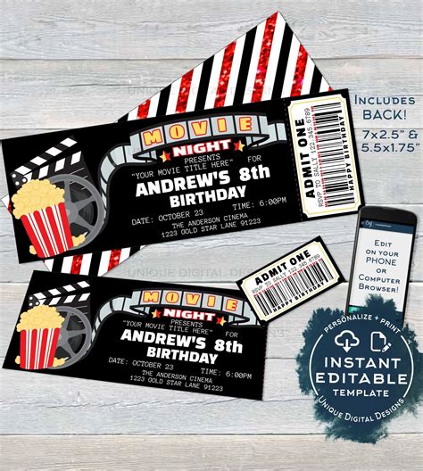 Movie Night Invitation, Movie Birthday Party Invite, Cinema Editable ...