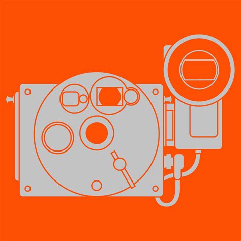 an orange and white image of a camera with the lens on it's side