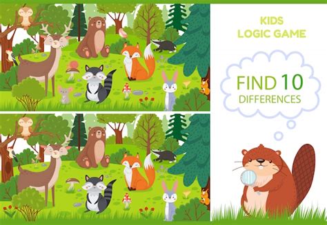 Premium Vector | Forest animals find differences game. Educational kids ...