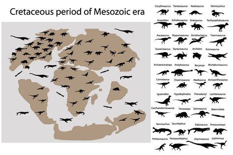 Dinosaurs of cretaceous period on map