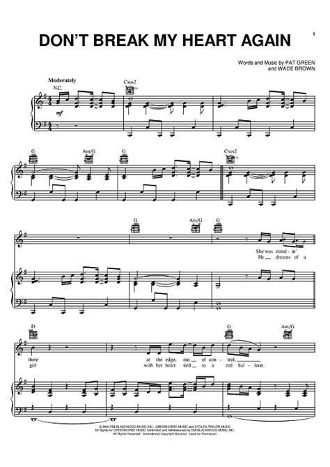 Don't Break My Heart Again" Sheet Music by Pat Green for Piano/Vocal ...