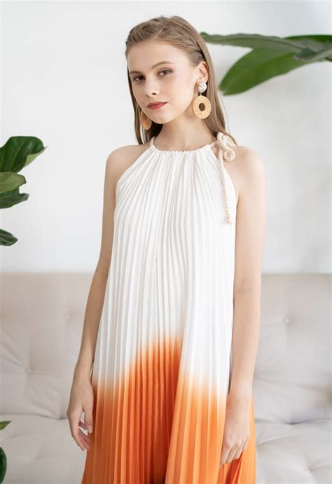 Rope Tie Halter Neck Gradient Pleated Dress - Retro, Indie and Unique ...