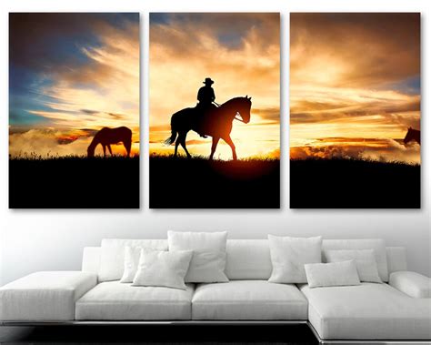 Cowboy and Horse Silhouette at Sunset Canvas Print Wall Art, Sunset ...