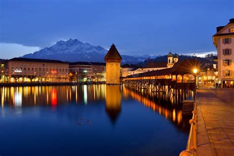 Luzern Chapel Bridge at Dusk Stock Image - Image of landmark, stunning ...