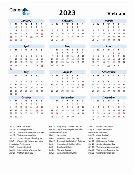 2023 Vietnam Calendar with Holidays