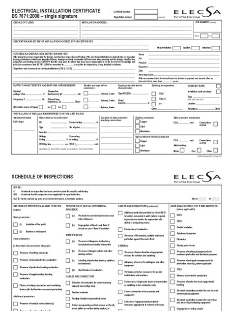 5 - Electrical Installation Certificate 17th Edition BS7671 | Cable ...