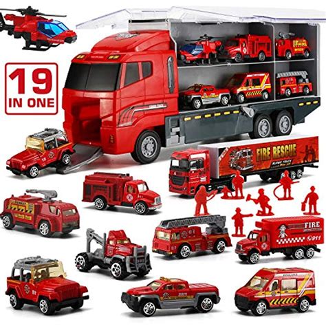 19 in 1 Fire Truck with Firefighter Toy Set, Mini Die-cast Fire Engine ...