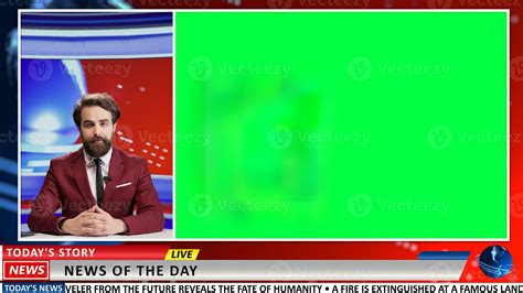 Presenter discusses breaking news using greenscreen template on ...