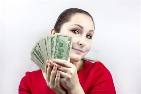 Woman in Red Dress Holdind and Counting Cash Money American Dollars in ...