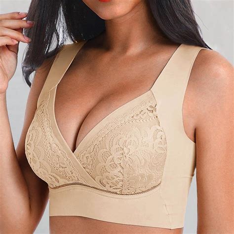 Lace Wide Shoulder Strap Padded Bra - Apricot - Bellelily