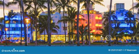 Miami Beach , Colorful Art Deco District at Night Stock Image - Image ...