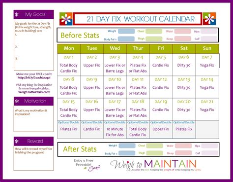 21 Day Fix Workout Calendar Printable