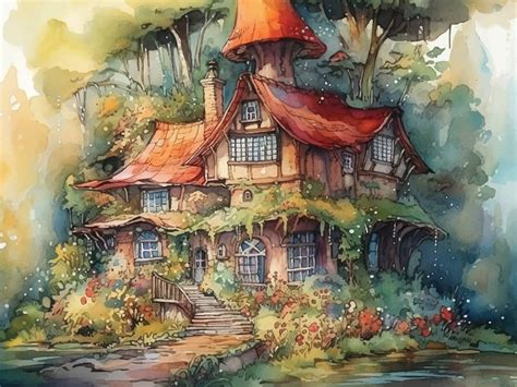 Watercolor Mushroom House Natural View Graphic by info.tanvirahmad ...